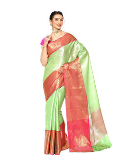 Banarasi Silk Works - Green Kanchi Silk Pattu Border Saree with Unstitched Blouse