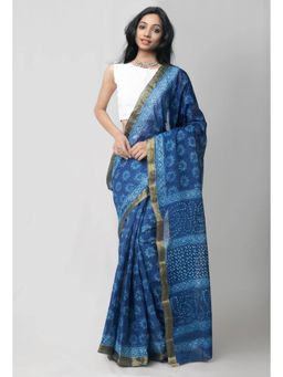 Unnati Silks - Indigo Blue Pure Preet Dabu Mulmul Cotton Saree with Unstitched Blouse