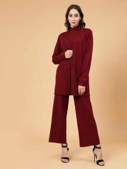 Mafadeny - Women Winter Wear Wine Three- Piece Top with Shrug and Pant (Set of 3)