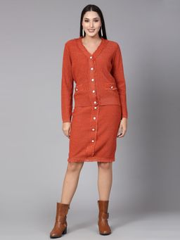 Mafadeny - Women Winter Wear Rust Stylish Cardigan with Skirt (Set of 2)