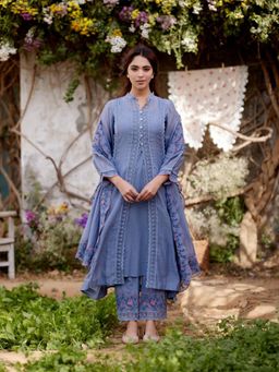 Naaz By Noor - Blue African Lily Kurta with Pant and Dupatta (Set of 3)