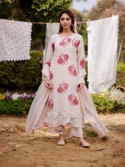 Naaz By Noor - White Kurta with Pant and Dupatta (Set of 3)