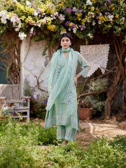 Naaz By Noor - Rosa Green Kurta with Pant and Dupatta (Set of 3)