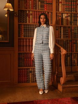 Label Deepika Nagpal - Blue Embroidered Emma Shirt with Pant and Vest Coat (Set of 3)