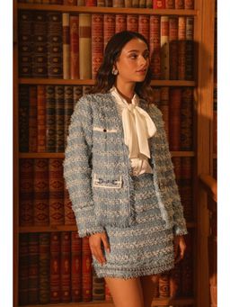 Label Deepika Nagpal - Blue Embroidered Kayla Shirt with Blazer and Skirt (Set of 3)