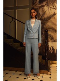 Label Deepika Nagpal - Blue Textured Kate Top with Blazer and Pant (Set of 3)