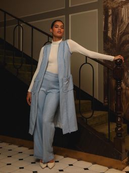 Label Deepika Nagpal - Blue Textured Meredith Overlay with Pant (Set of 2)