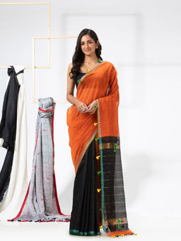 Angoshobha - Orange & Black Cotton Blended Festive Handloom Saree with Unstitched Blouse