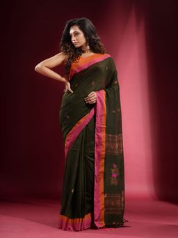 CHARUKRITI - Seaweed Green Pure Zari Floral Design Dual Border Saree with Unstitched Blouse