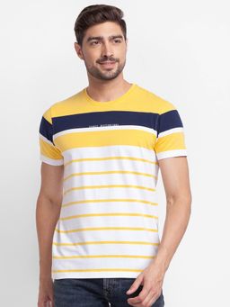 Spykar - Sulphur Yellow Cotton Half Sleeve Stripes Casual T-Shirt for Men