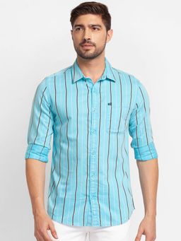 Spykar - Aqua Blue Cotton Full Sleeve Stripes Shirt for Men