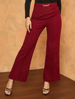 Styli - Women's Burgundy 2 Way Stretch High Waist Belt Detail Wide Leg Trouser