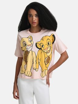 Kazo - Pink Lion King Disney Printed T-Shirt with Sequin Work
