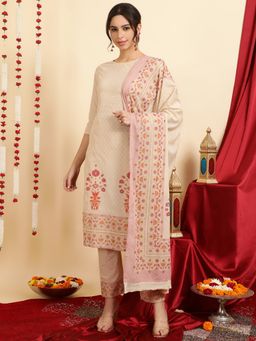 Jaipur Kurti - Pink Ethnic Motif Guldasta Cotton Straight Kurta With Pants & Dupatta (Set of 3)