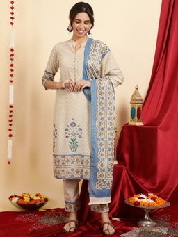 Jaipur Kurti - Blue Ethnic Motif Printed Cotton Straight Kurta With Pants & Dupatta (Set of 3)