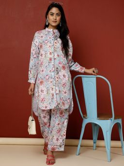 Jaipur Kurti - Blue Floral Printed Kurta With Palazzo Co-ord (Set of 2)