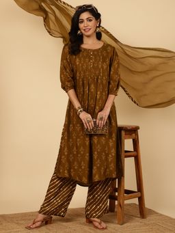 Jaipur Kurti - Brown Dola Silk Pleated Bandhani Kurta With Palazzo & Dupatta (Set of 3)