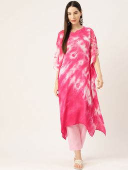 Maaesa - Pink White Rayon Crepe Kaftan Kurta