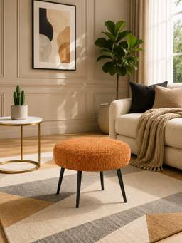 Doe Buck - Luna Bouclé Ottoman Stool Rust Textured Round Footrest with Black Metal Legs