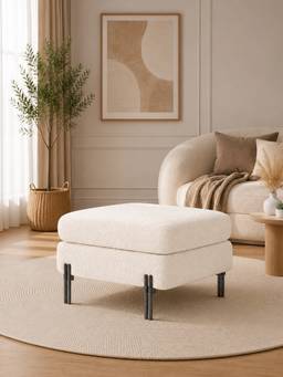 Doe Buck - Luxe White Bouclé Ottoman with Black Metal Legs Modern Square Footstool