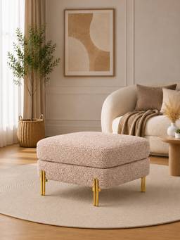Doe Buck - Luxe Light Brown Bouclé Ottoman with Gold Metal Legs Modern Square Footstool