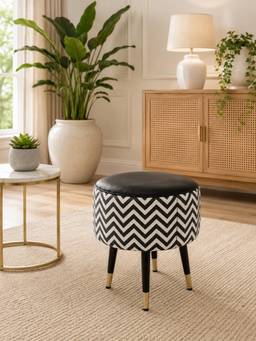 Doe Buck - Zik Zak Black & White Chevron Printed Ottoman Stool with Gold