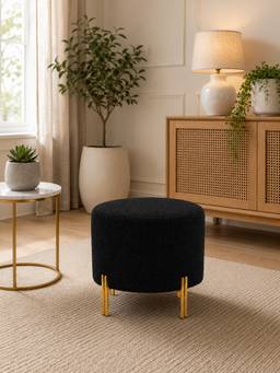 Doe Buck - Premium Bouclé Round Ottoman Matte Black with Polished Gold Dual Rod Legs