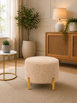 Doe Buck - Premium Bouclé Round Ottoman Matte Beige with Polished Gold Dual Rod Legs