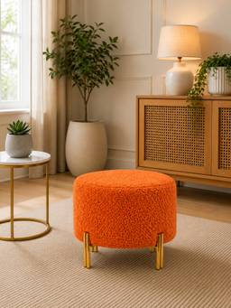 Doe Buck - Premium Bouclé Round Ottoman Matte Orange with Polished Gold Dual Rod Legs