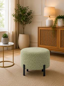 Doe Buck - Premium Bouclé Round Ottoman Matte Sage with Polished Black Dual Rod Legs