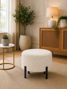 Doe Buck - Premium Bouclé Round Ottoman Matte White with Polished Black Dual Rod Legs