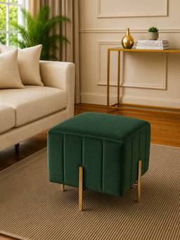 Doe Buck - Adirondack Modern Channel Tufted Ottoman Stool Green Velvet with Gold Legs