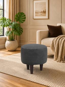 Doe Buck - Grey Velvet Round Ottoman Stool with Wooden Legs Modern Compact Pouffe