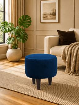 Doe Buck - Blue Velvet Round Ottoman Stool with Wooden Legs Modern Compact Pouffe