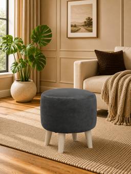 Doe Buck - Parker Ottoman Grey Velvet Ottoman Stool with Wooden Legs Modern Round Accent Pouffe
