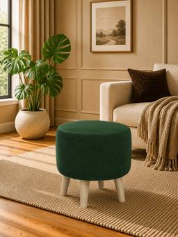 Doe Buck - Parker Ottoman Green Velvet Ottoman Stool with Wooden Legs Modern Round Accent Pouffe