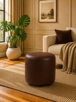 Doe Buck - Mary Ottoman Brown Leather Round Ottoman Stool Minimalist Cylindrical Pouffe Seating