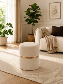 Doe Buck - Gracy Ottoman Beige Velvet Round Ottoman with Gold Band Modern Luxury Pouffe Stool