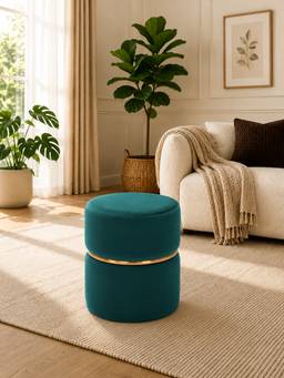 Doe Buck - Gracy Ottoman Teal Velvet Round Ottoman with Gold Band Modern Luxury Pouffe Stool