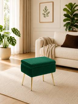 Doe Buck - Ribbed Velvet Ottoman Stool Green with Gold Metal Legs