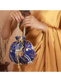 Aatmana - Royal Blue & Gold Embroidered Embellished Potli Bag