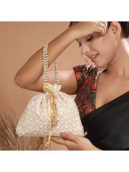 Aatmana - Beige & Gold Toned Chikan Embroidered Work Potli Bag
