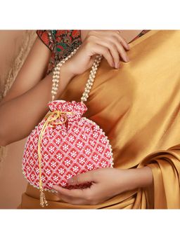 Aatmana - Red & Gold Toned Chikan Embellished Work Potli Bag