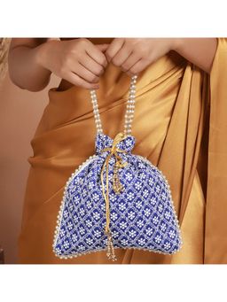 Aatmana - Blue & Gold Toned Chikan Embroidered Work Potli Bag