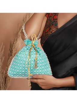 Aatmana - Turquoise Blue & Gold Toned Chikan Embroidered Work Potli Bag