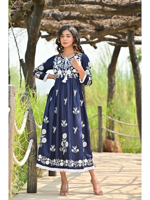 Buy Zolo Label Sheen Blue Embroidered Midi Dress Online
