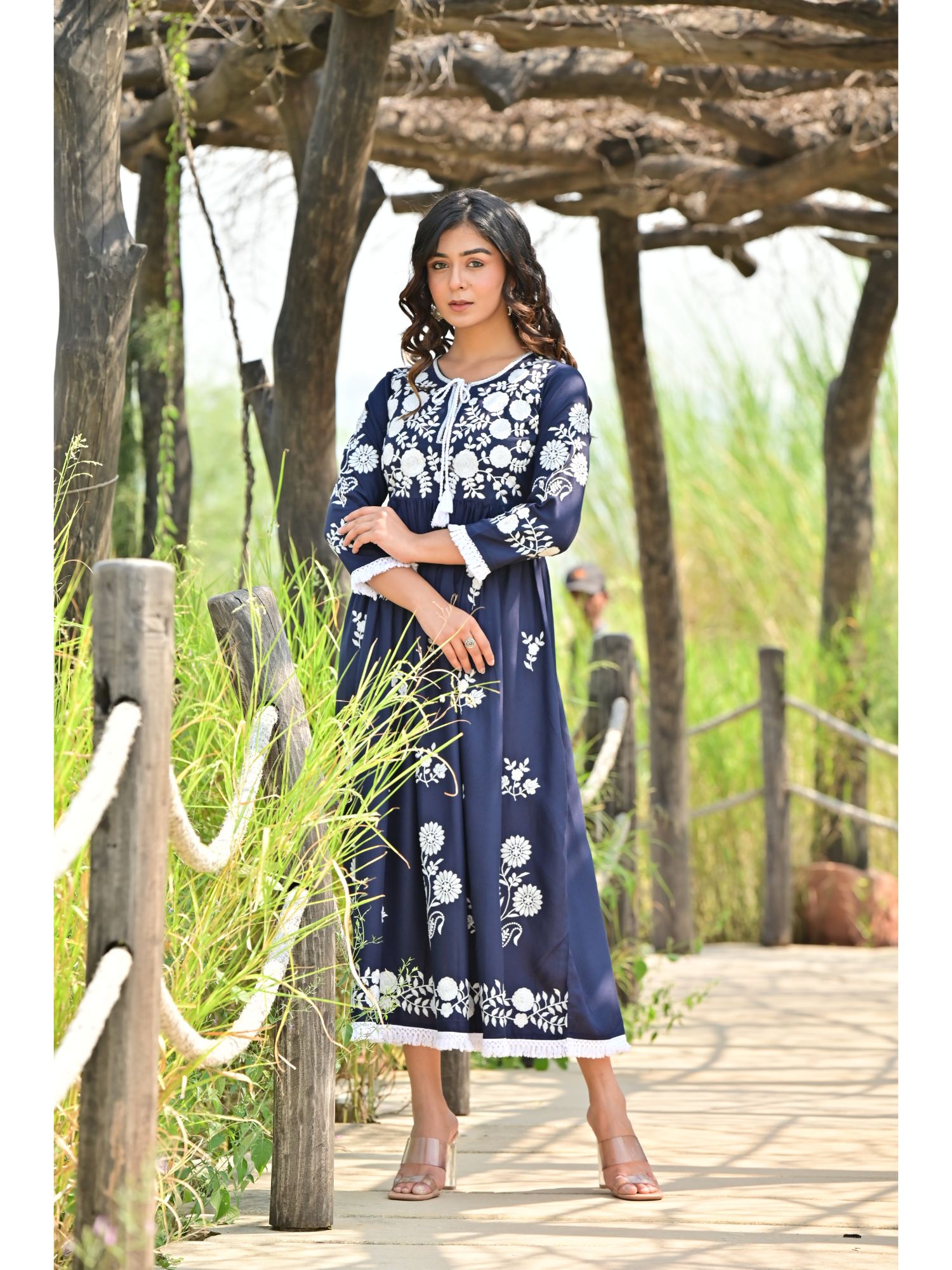 Buy Zolo Label Sheen Blue Embroidered Midi Dress Online