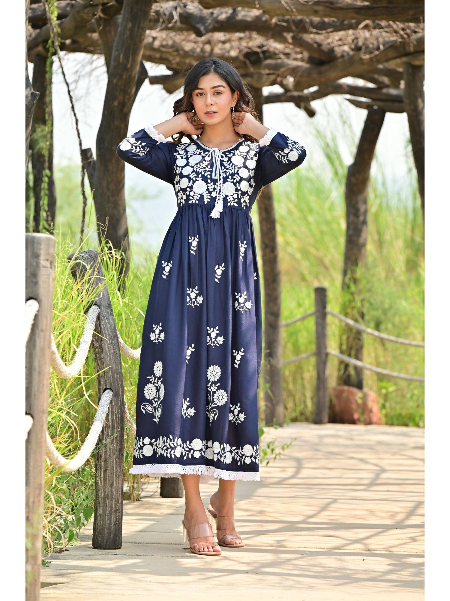 Buy Zolo Label Sheen Blue Embroidered Midi Dress Online