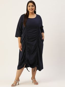 theRebelinme - Plus Size Women Navy Blue Solid Color Cotton Knitted Ruched A-Line Dress