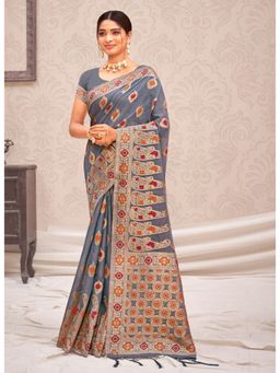 Sangam Prints - Grey Woven Work Traditional Tassels Saree with Unstitched Blouse